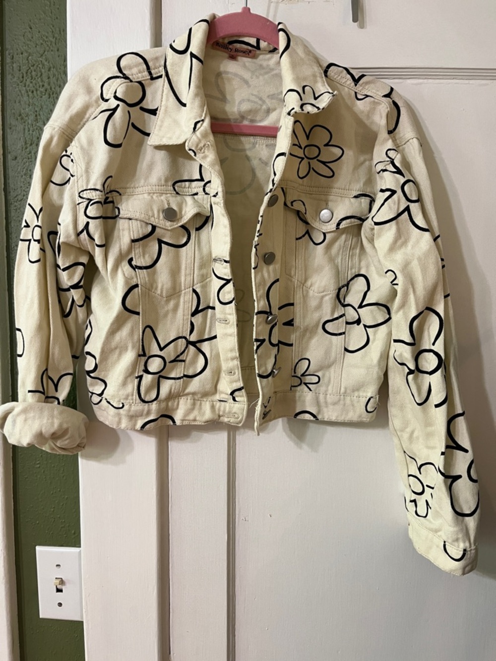 Cream Floral Print Light Denim Jacket